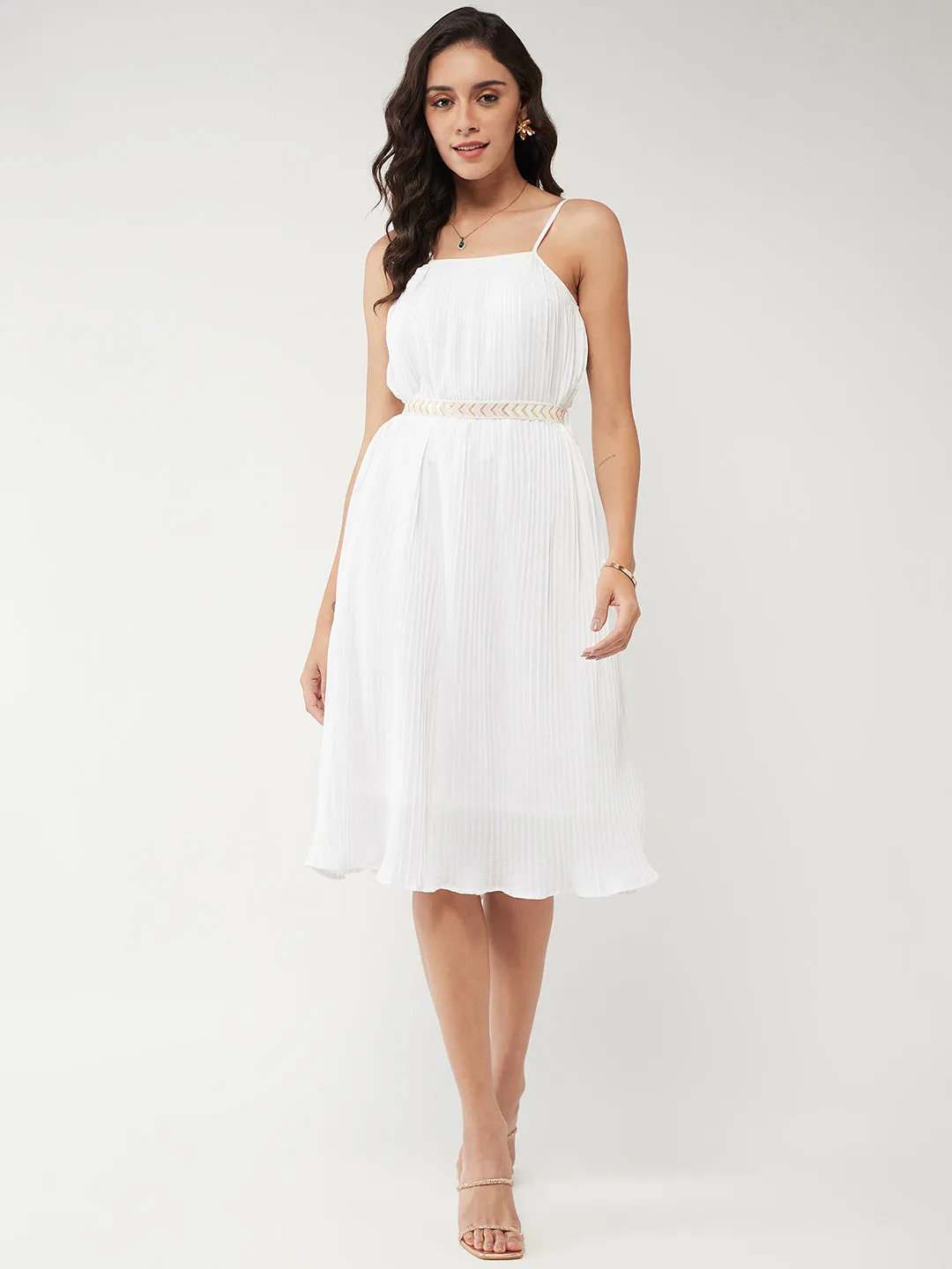Solid Pleated Strappy Dress