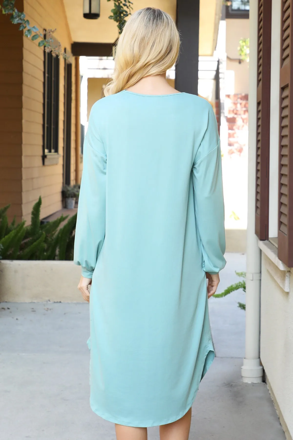 Solid V-Neck Long Sleeve Dolphin Hem Dress