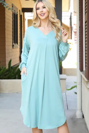 Solid V-Neck Long Sleeve Dolphin Hem Dress