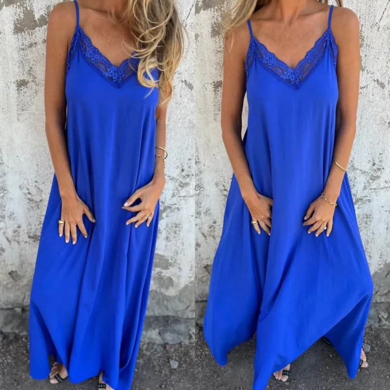 🌸Spring Specials💐 Women's Elegant Lace Trim V-Neck Spaghetti Strap Maxi Dress