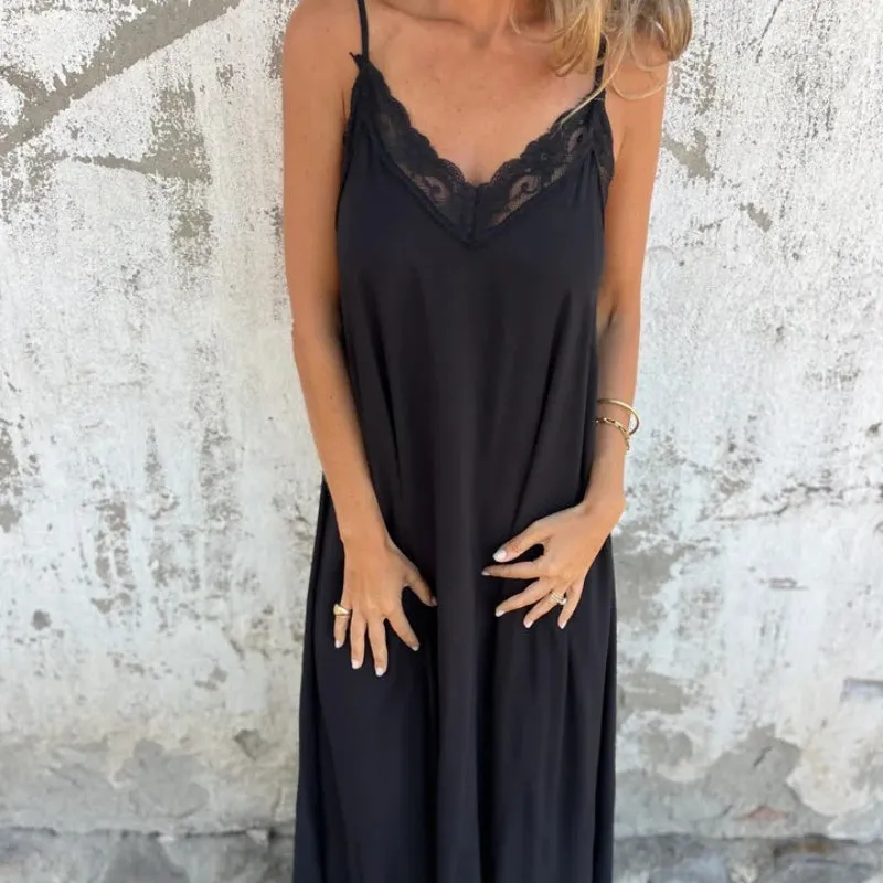 🌸Spring Specials💐 Women's Elegant Lace Trim V-Neck Spaghetti Strap Maxi Dress