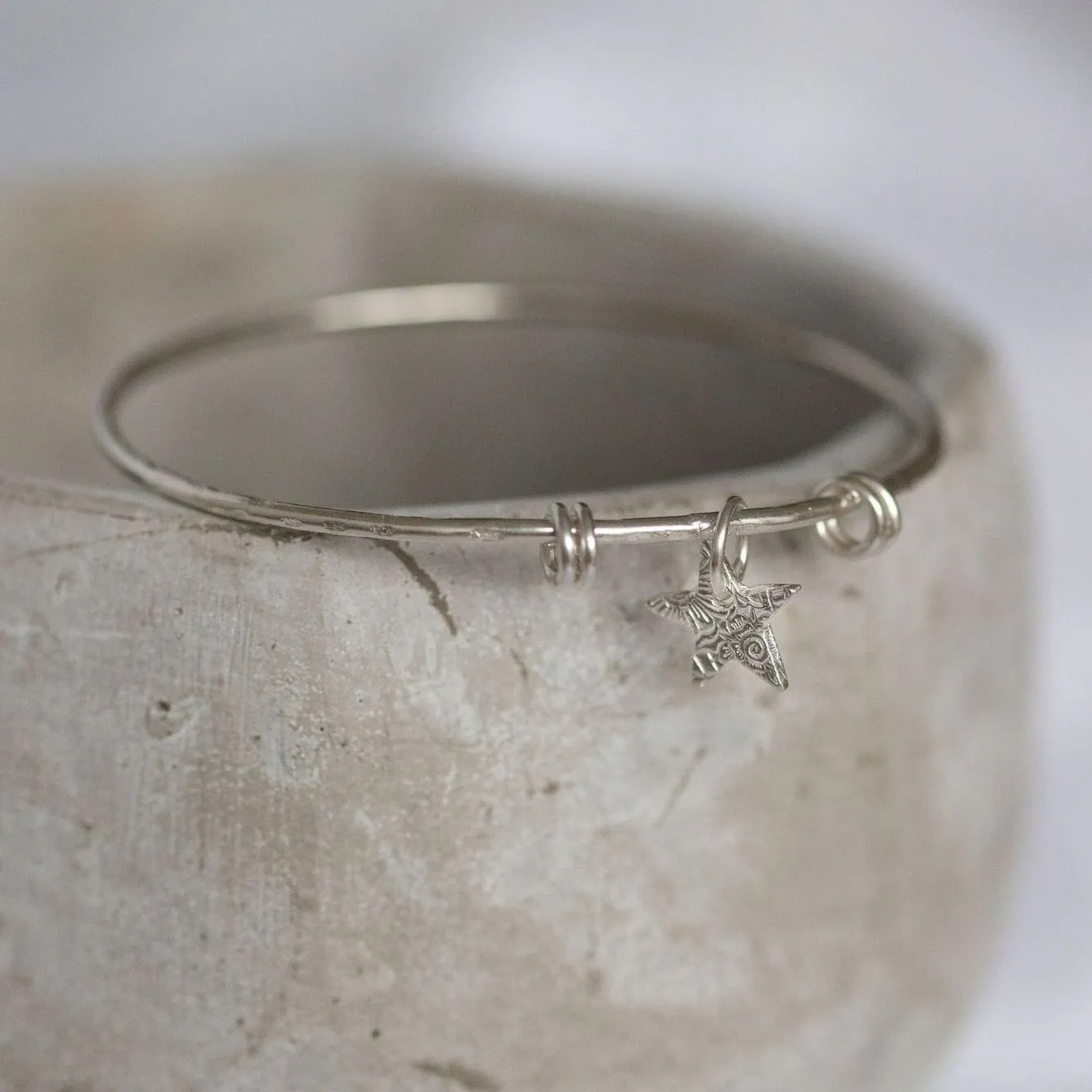 Sterling Silver Textured Star Charm Bangle
