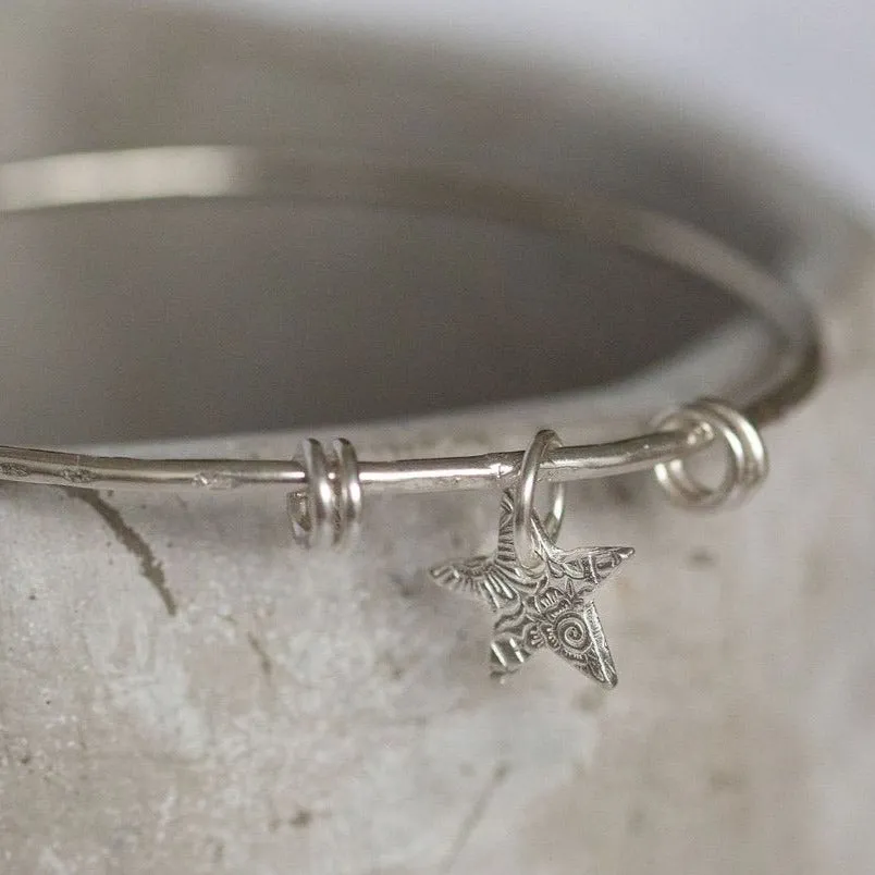 Sterling Silver Textured Star Charm Bangle