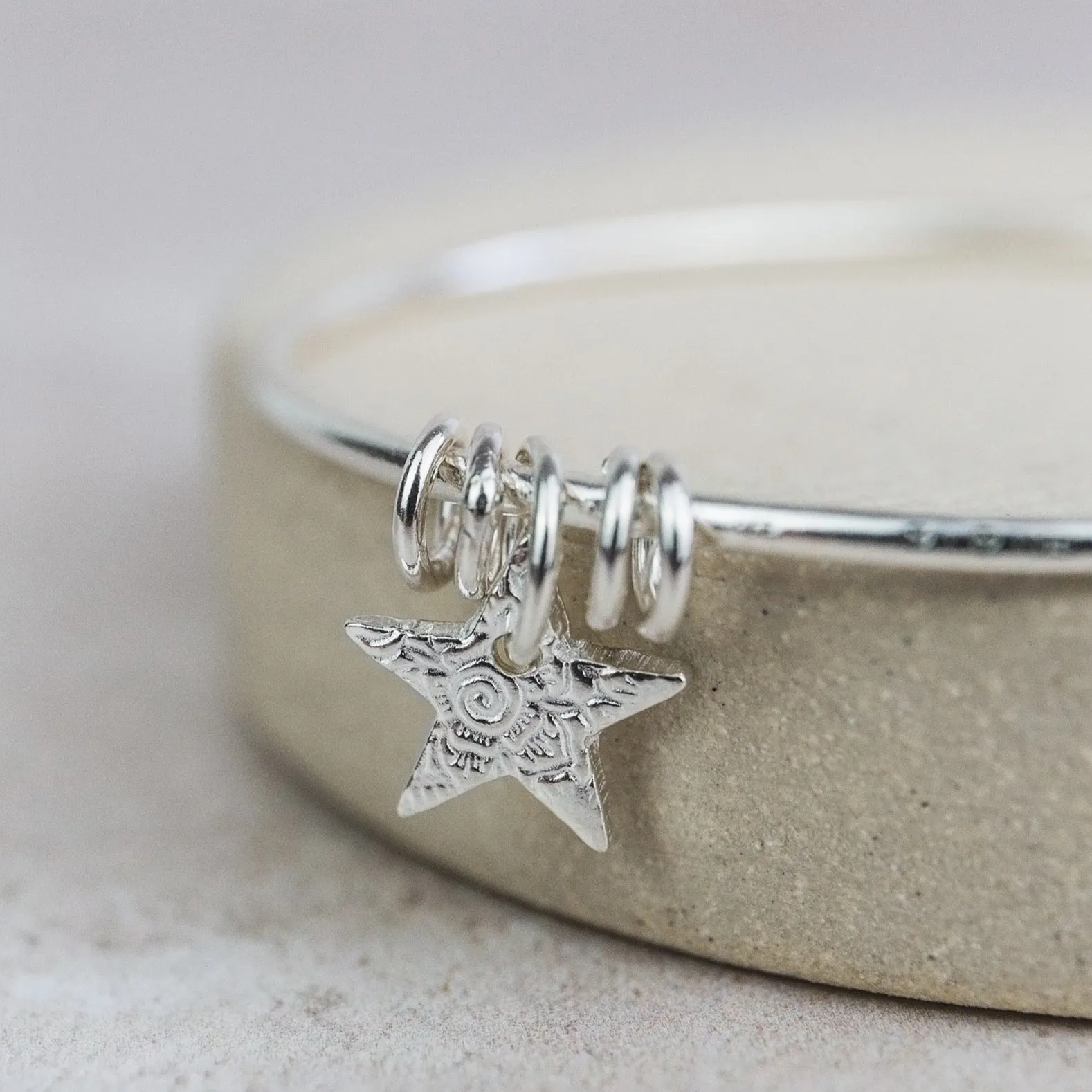 Sterling Silver Textured Star Charm Bangle