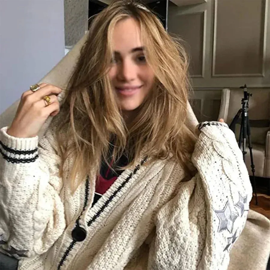 Stylish embroidered cardigan in warm autumnal caramel