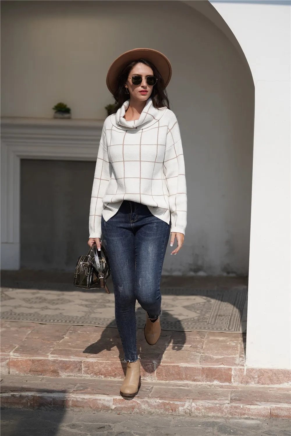 Stylish Oversized Plaid Turtleneck Sweater - Khaki