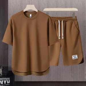 Summer Style: Men's Waffle Short Sleeve T-shirt and Shorts Set for Cool Comfort