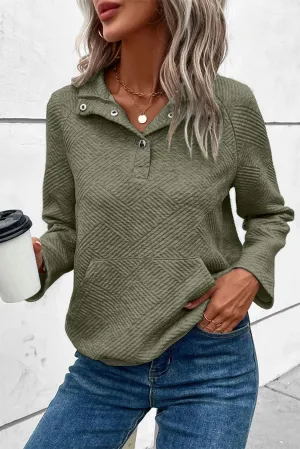 Swamp Textured Knit Buttoned Kangaroo Pocket Sweatshirt