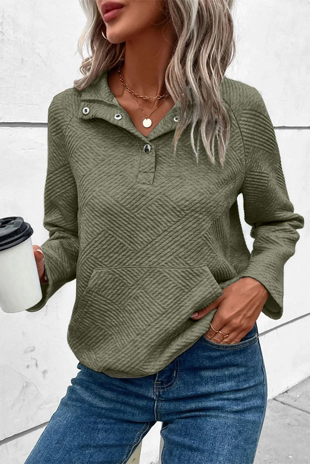 Swamp Textured Knit Buttoned Kangaroo Pocket Sweatshirt