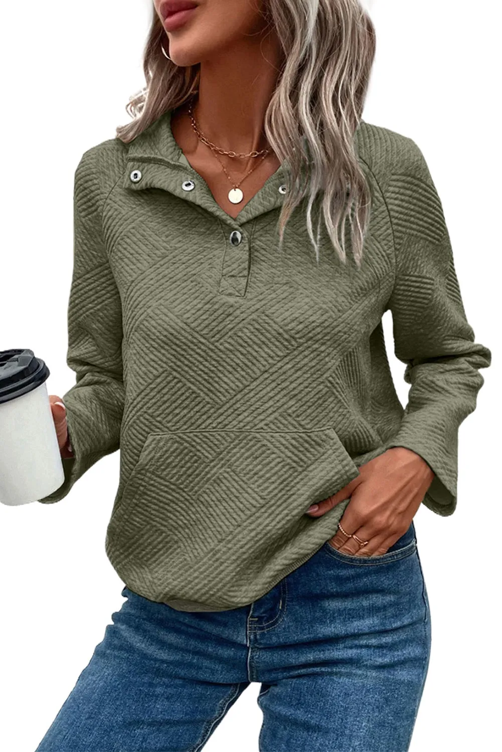 Swamp Textured Knit Buttoned Kangaroo Pocket Sweatshirt