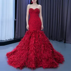 Sweetheart Trumpet Luxury Wedding Dress with Feather