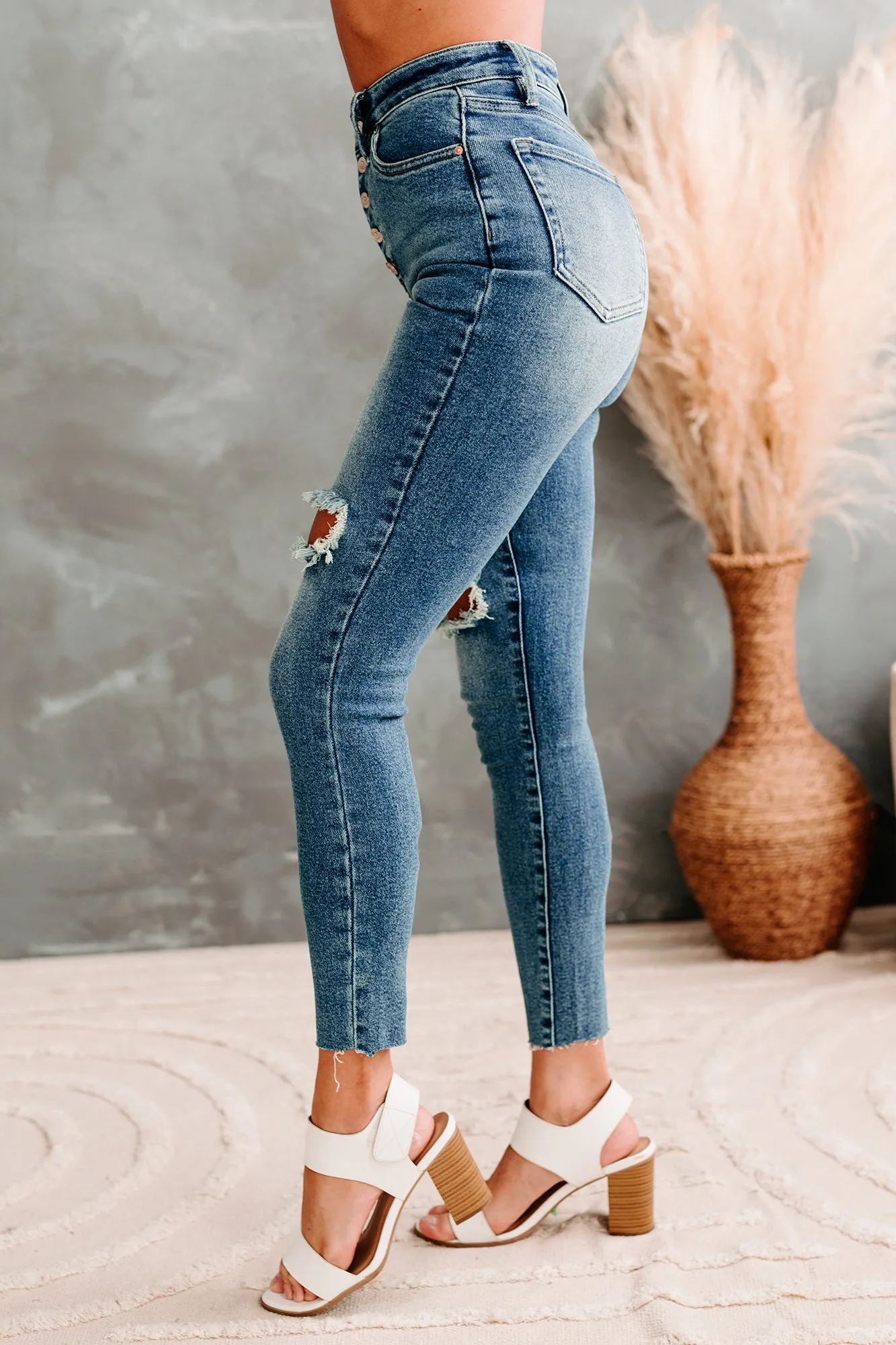 Sydney Sunrise High Rise Button Fly Distressed Skinny YMI Jeans (Medium)
