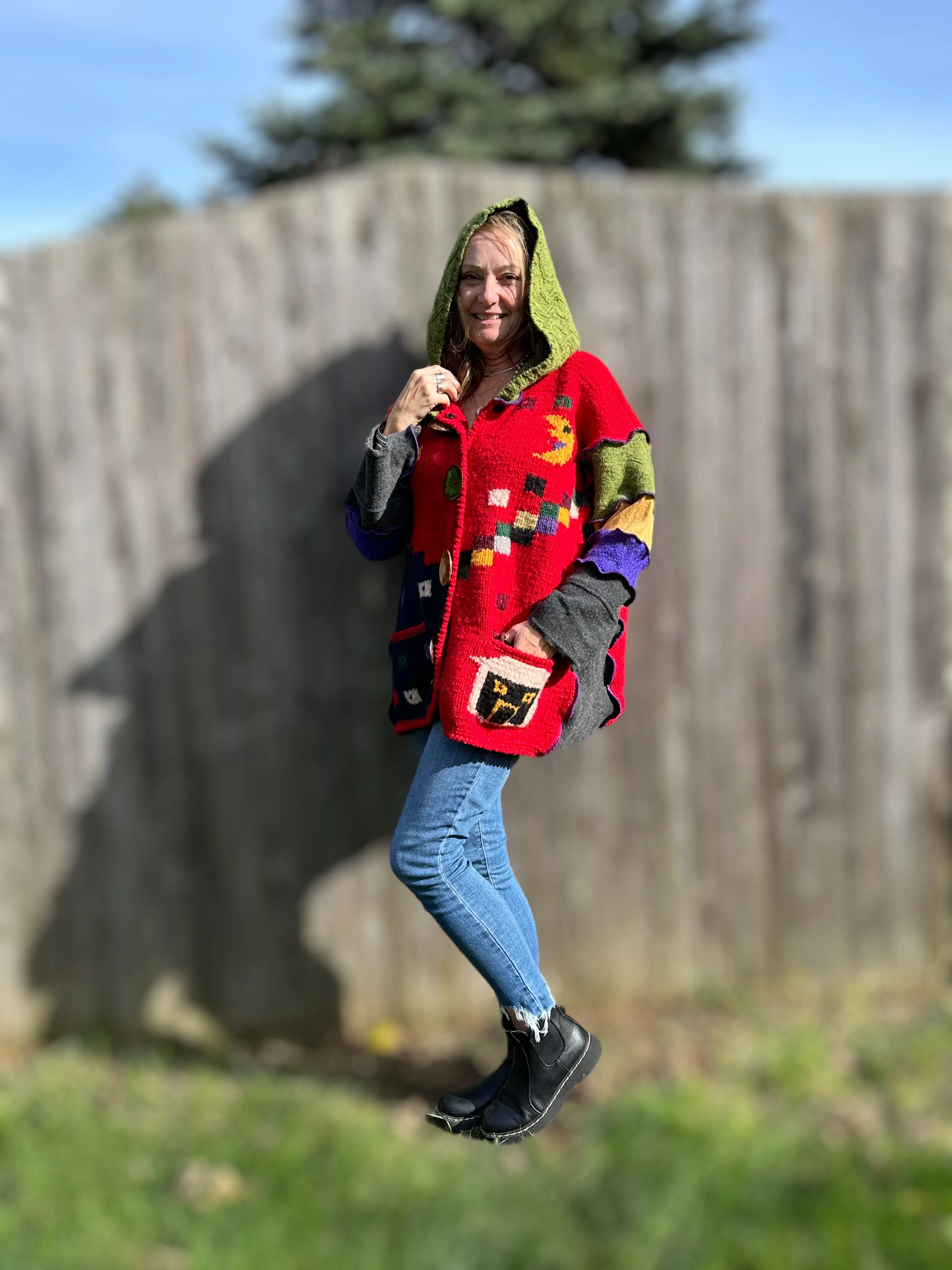 textured vibrant color swing style hooded coat