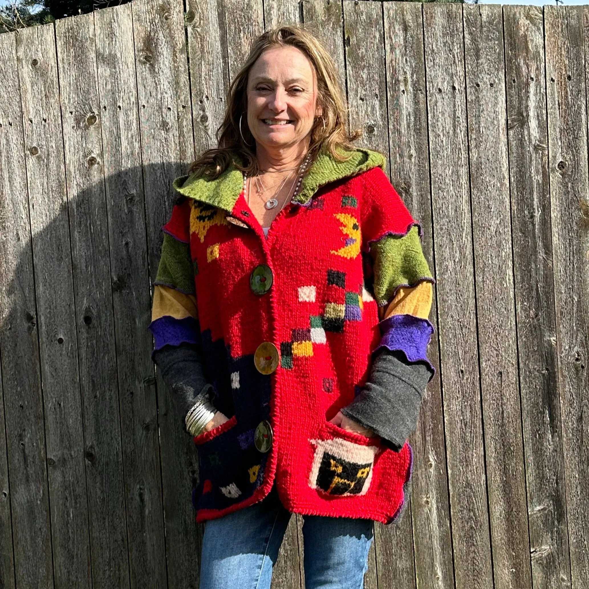 textured vibrant color swing style hooded coat