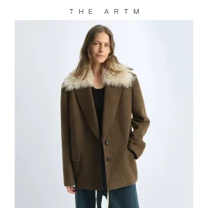Textured Wool Coat with Fur Collar