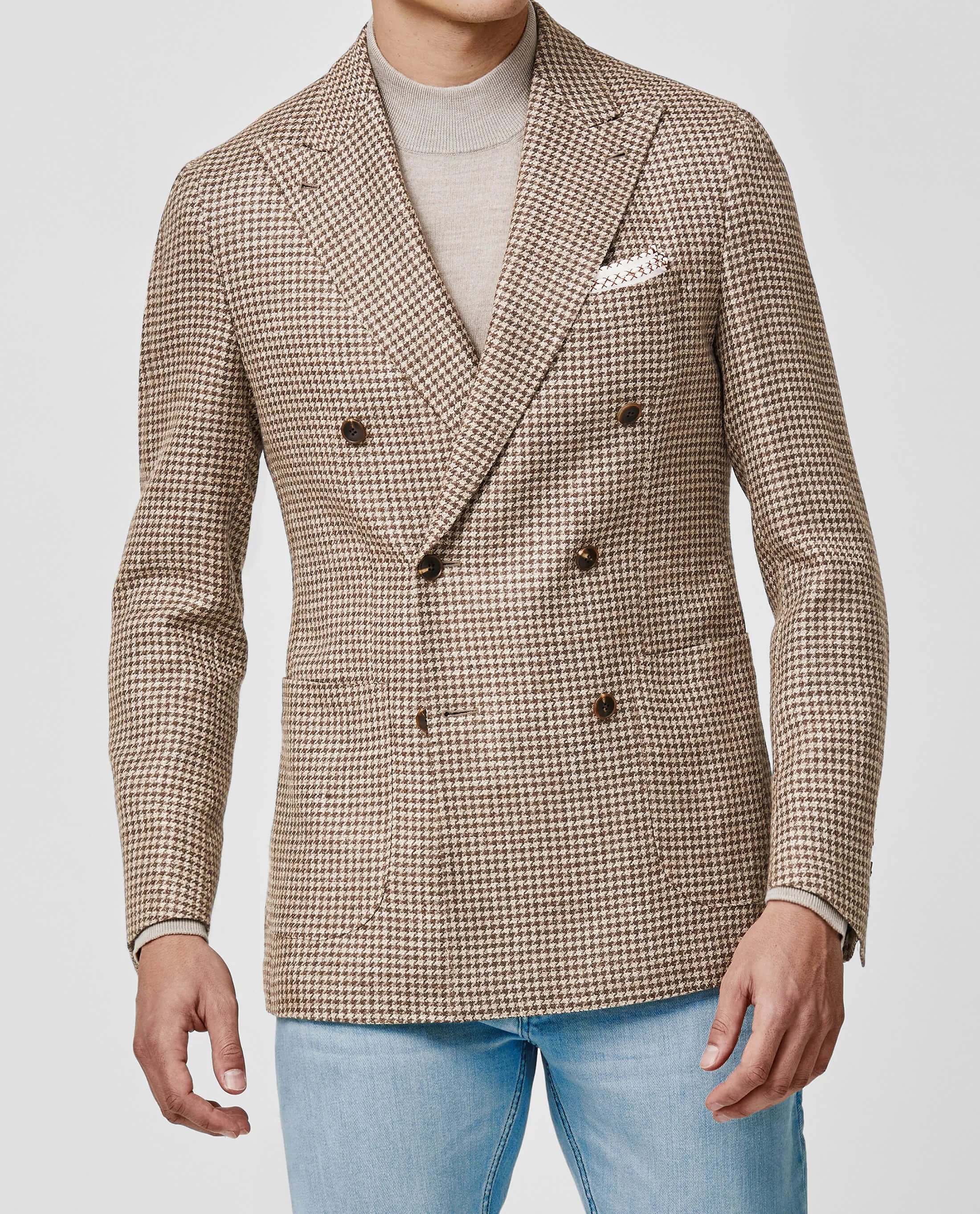 TG Di Fabio Beige & Cedar Brown Wool & Linen Houndstooth Mouliné Twill