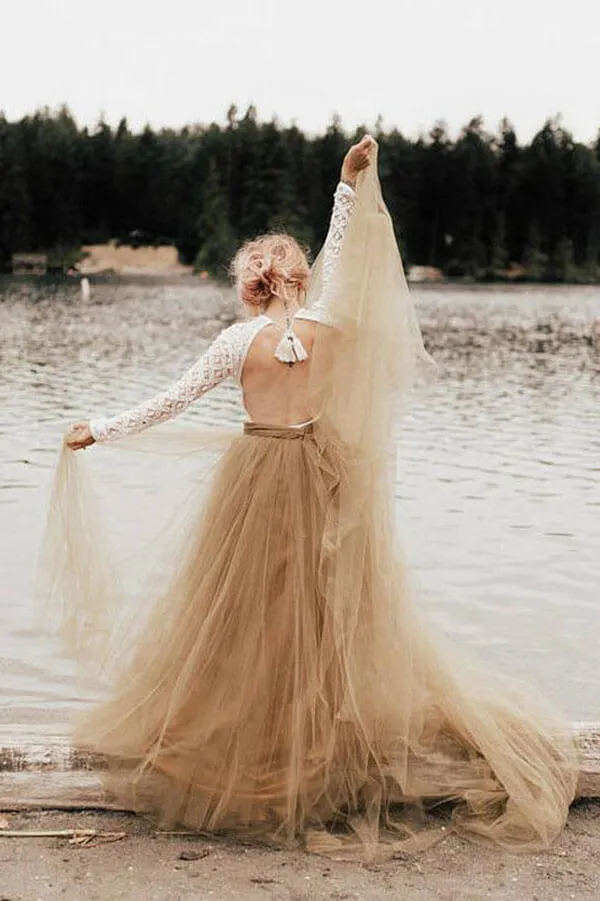 Tulle A-Line Backless Long Sleeves Princess Wedding Dresses, Bridal Gowns, SW459