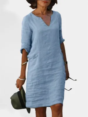 V-Neck Cotton Linen Dress with Mid Sleeves and Slim Fit