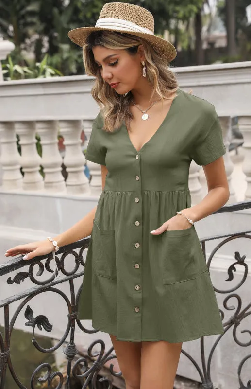 V-Neck Shirt Dress with Button-Down Front and Pleated Waist