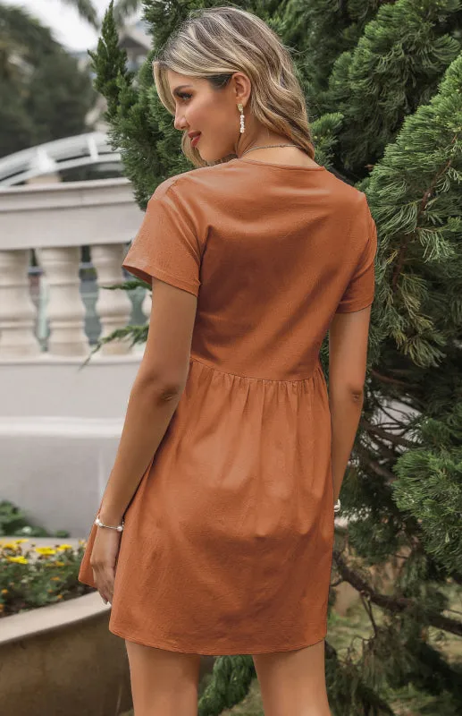 V-Neck Shirt Dress with Button-Down Front and Pleated Waist
