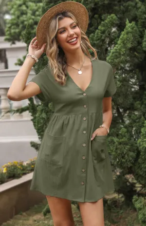 V-Neck Shirt Dress with Button-Down Front and Pleated Waist