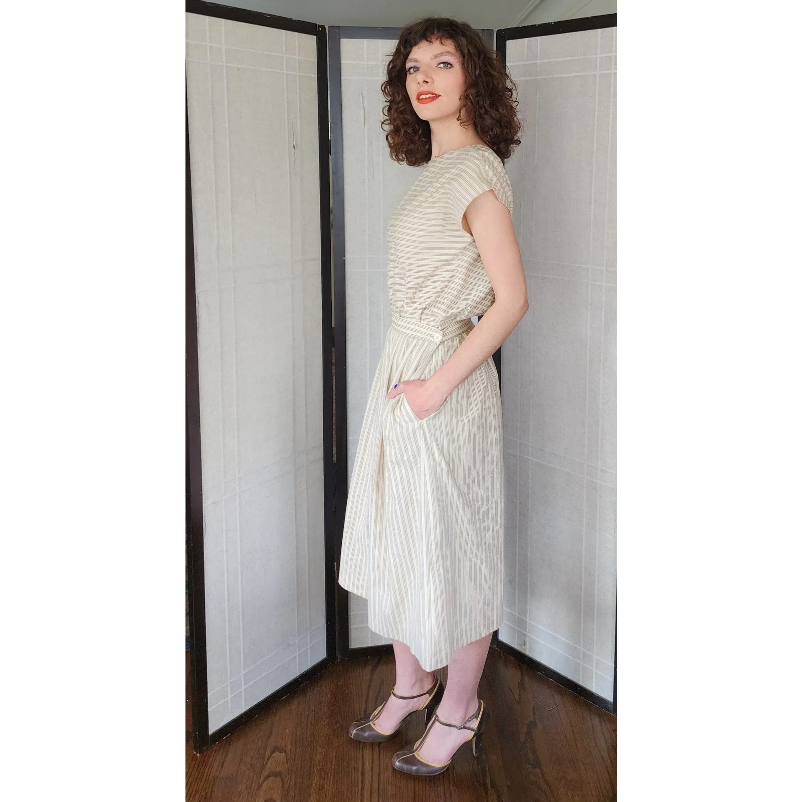 Vintage 80s Striped Print Top   Skirt Set Beige by Phil Carry / S