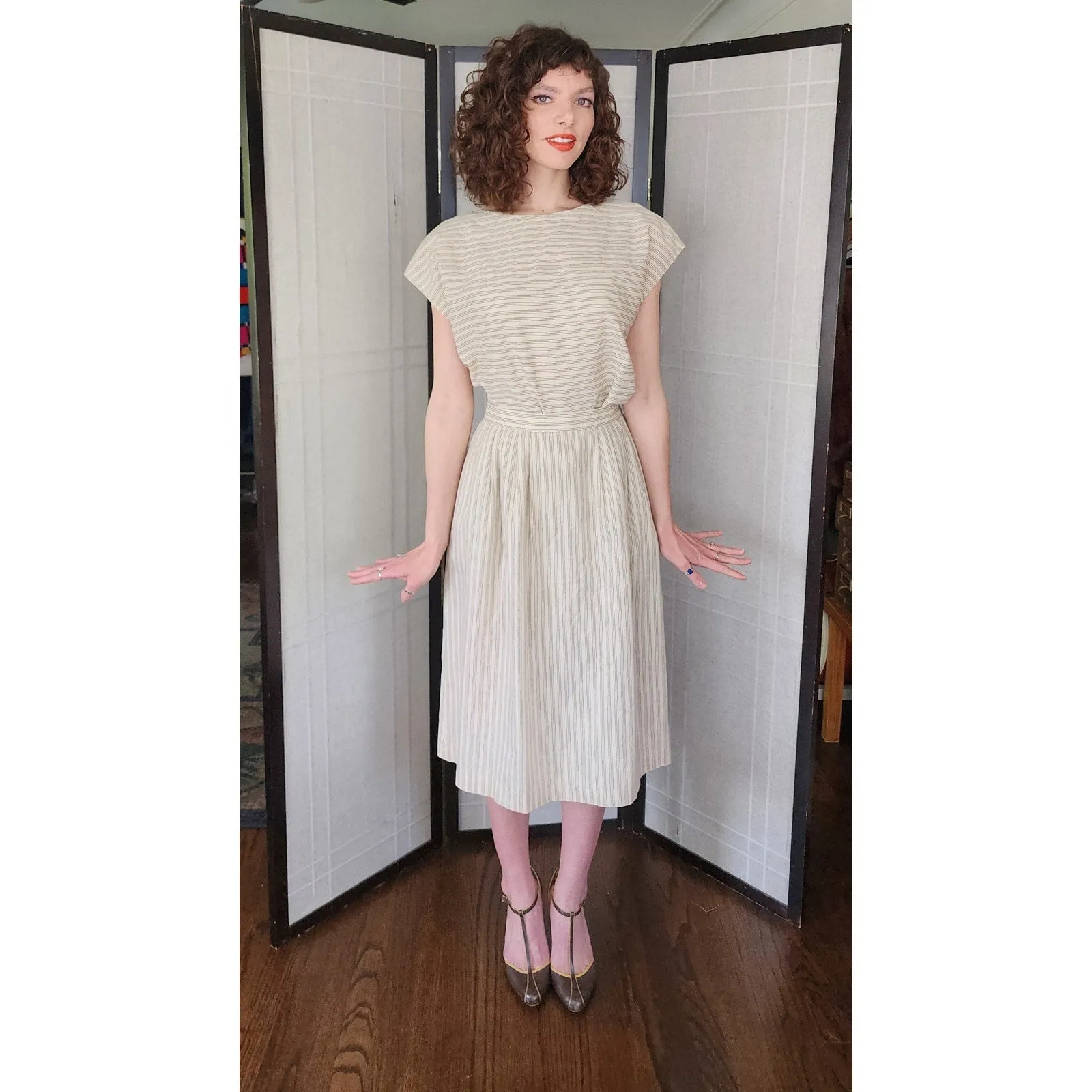 Vintage 80s Striped Print Top   Skirt Set Beige by Phil Carry / S