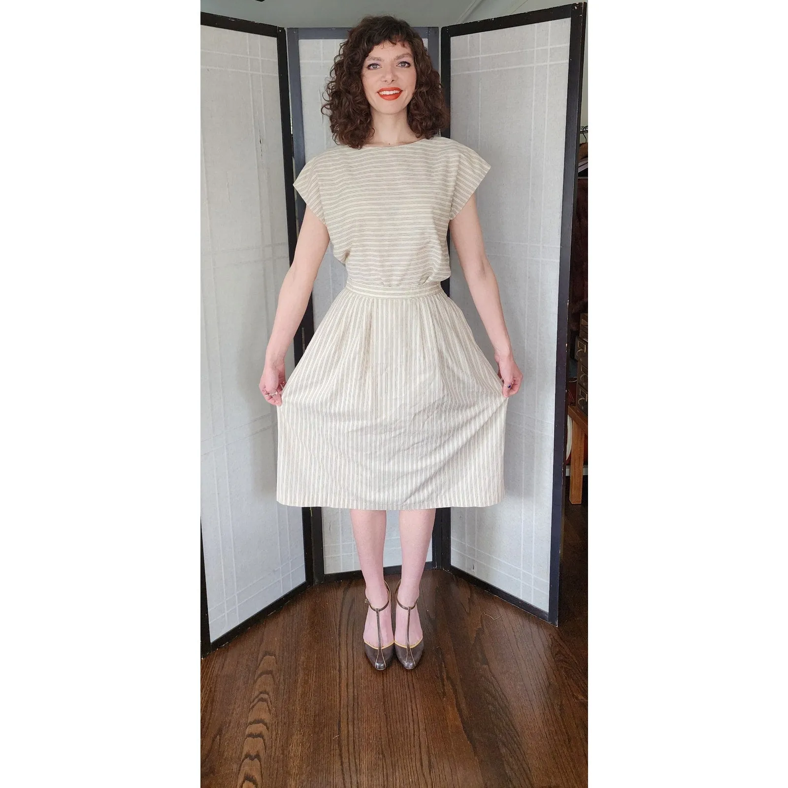 Vintage 80s Striped Print Top   Skirt Set Beige by Phil Carry / S