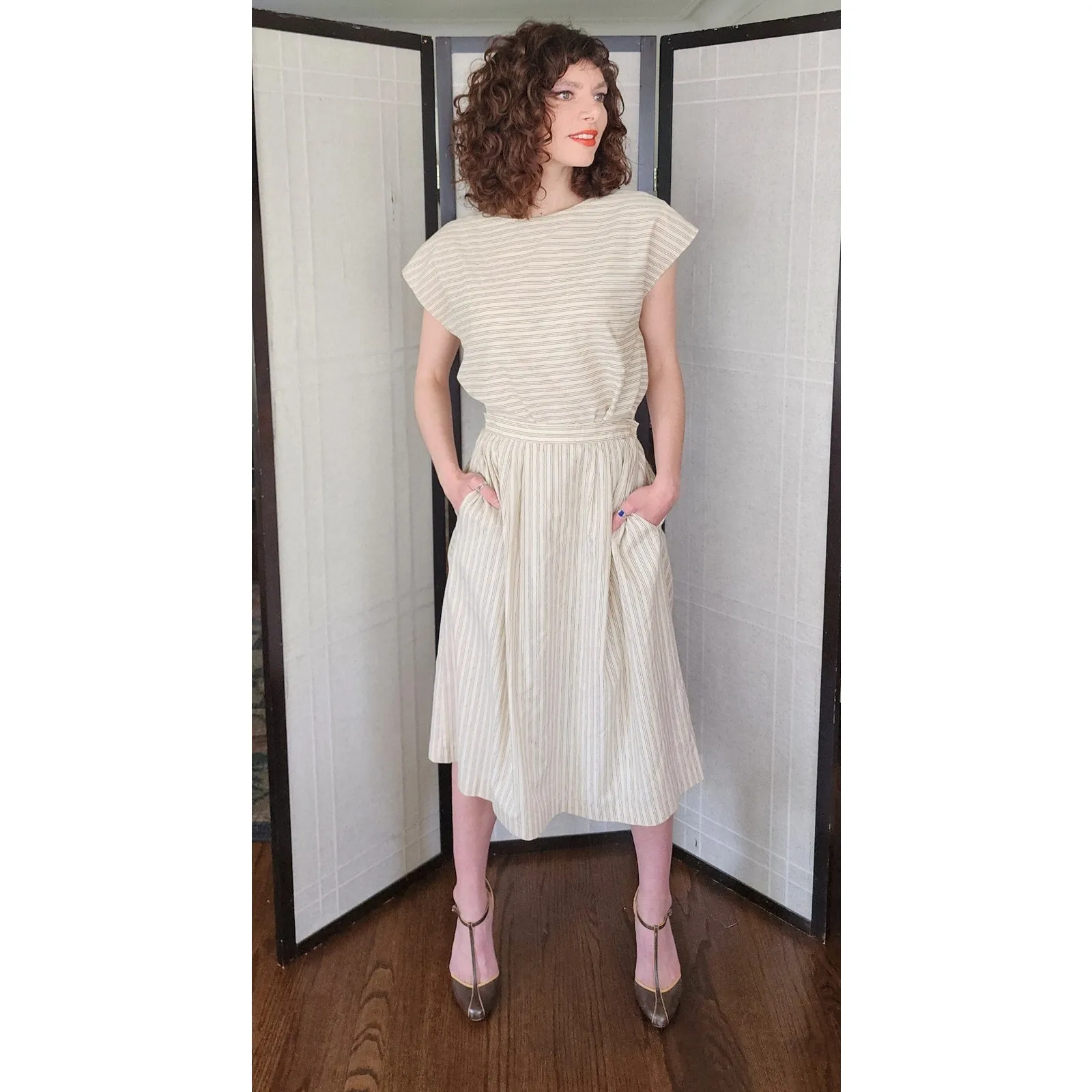 Vintage 80s Striped Print Top   Skirt Set Beige by Phil Carry / S