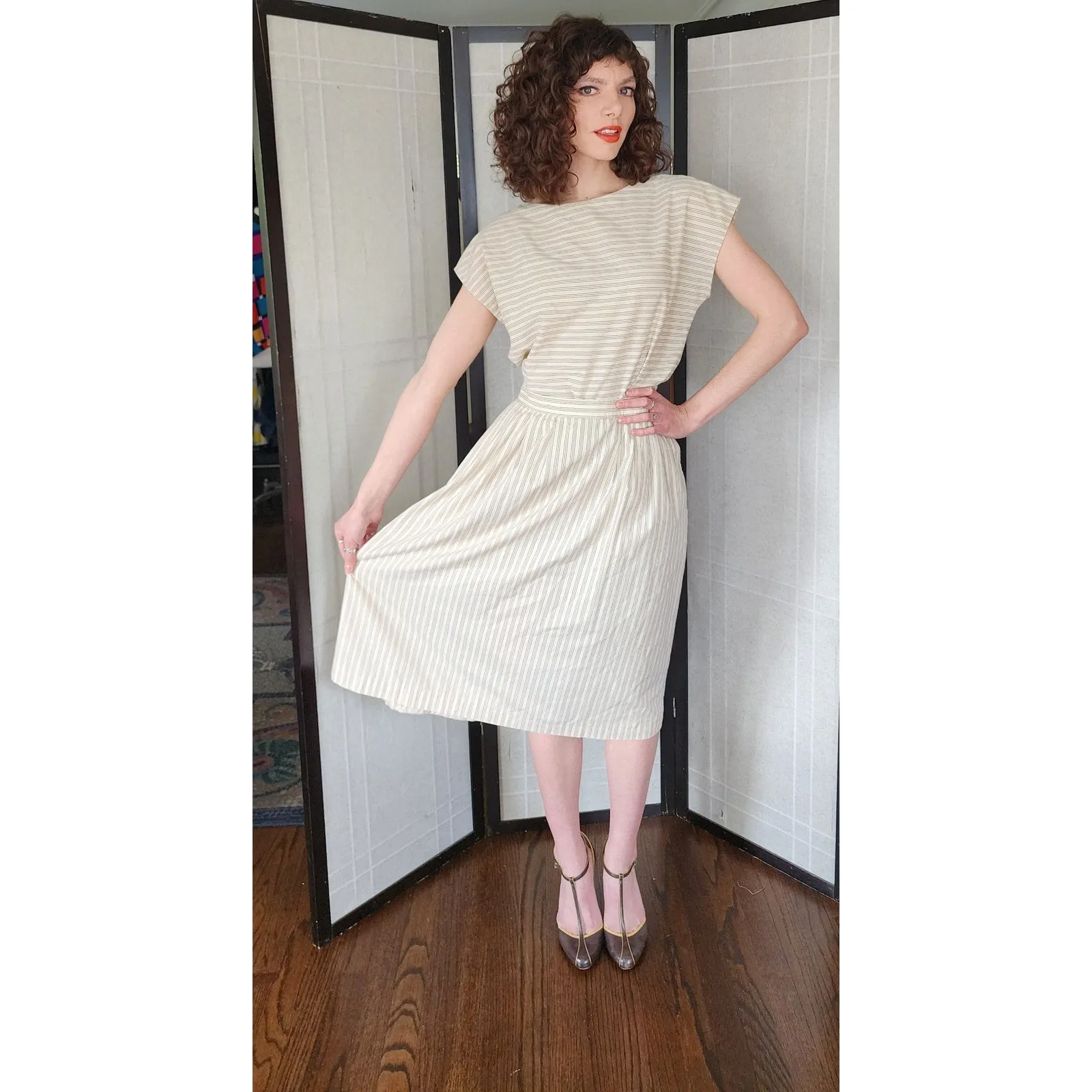 Vintage 80s Striped Print Top   Skirt Set Beige by Phil Carry / S