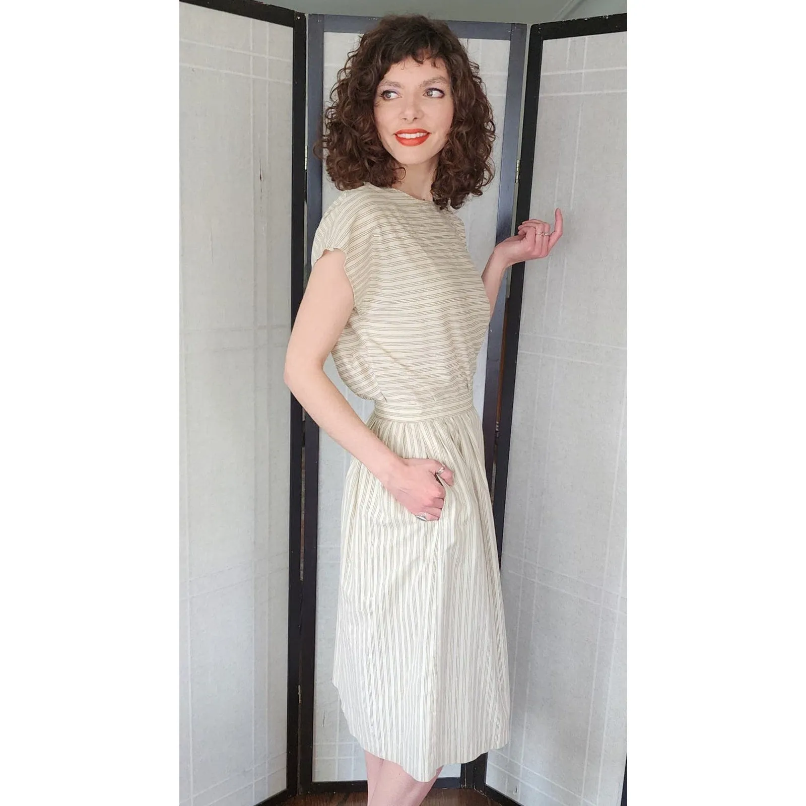Vintage 80s Striped Print Top   Skirt Set Beige by Phil Carry / S