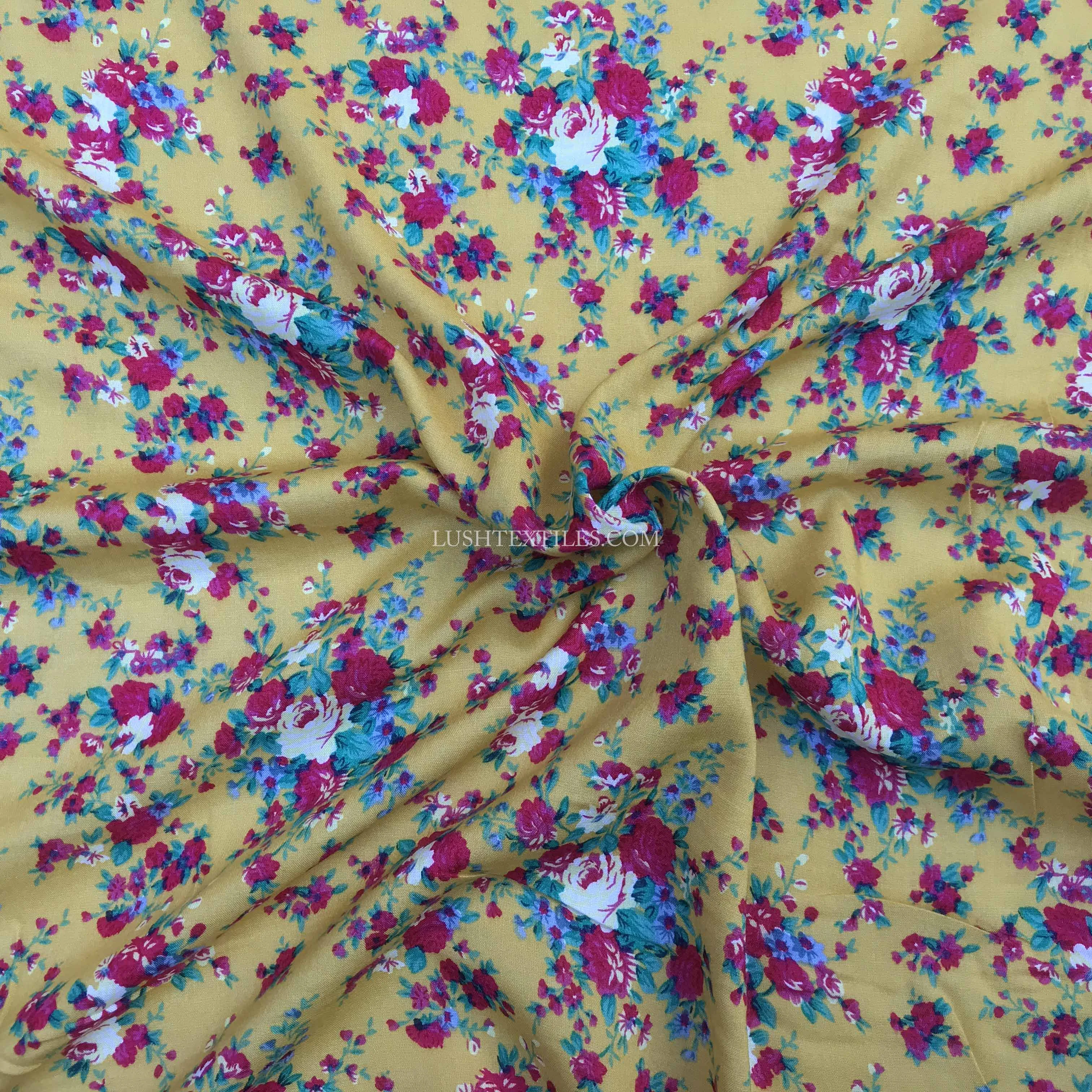 Viscose Roses Floral Fabric, Mustard/Mint
