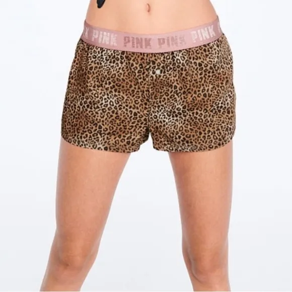 Vs Victorias Secret Pink Flannel Sleep Boxy Short Shortie Leopard With Pink XS