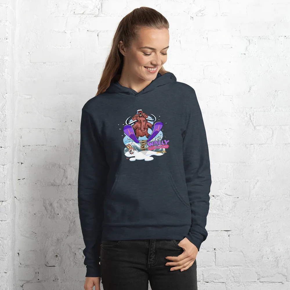 Wally launching over sign snowboard hoodie