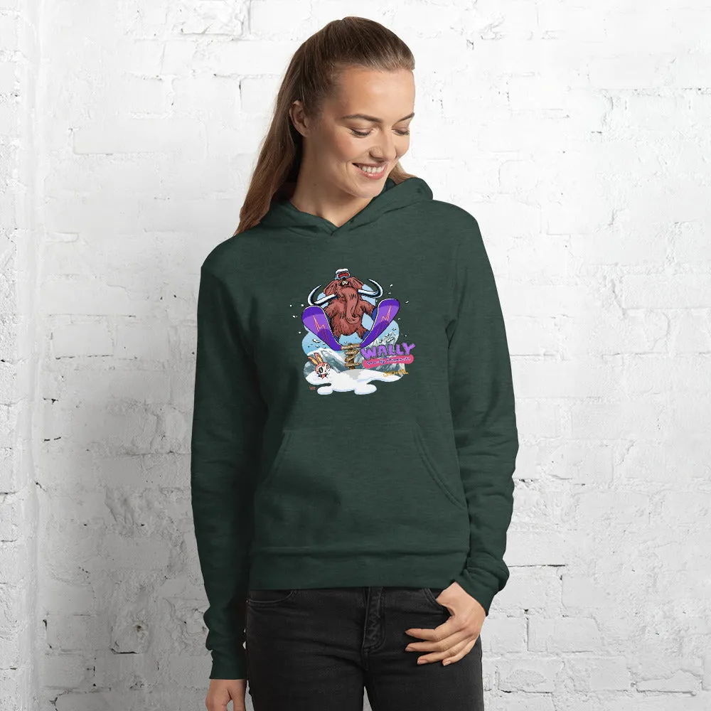 Wally launching over sign snowboard hoodie