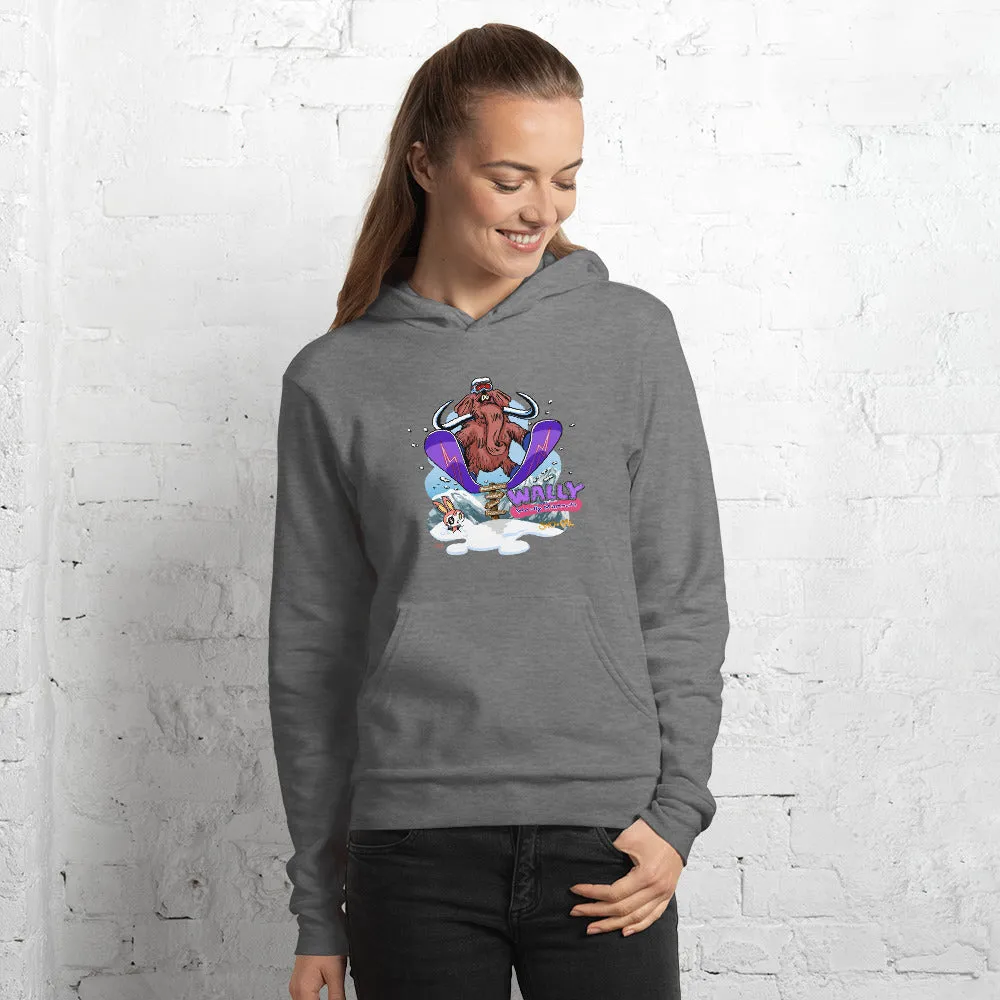 Wally launching over sign snowboard hoodie