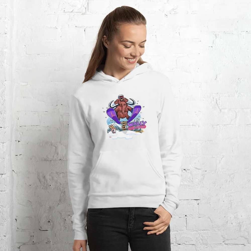 Wally launching over sign snowboard hoodie