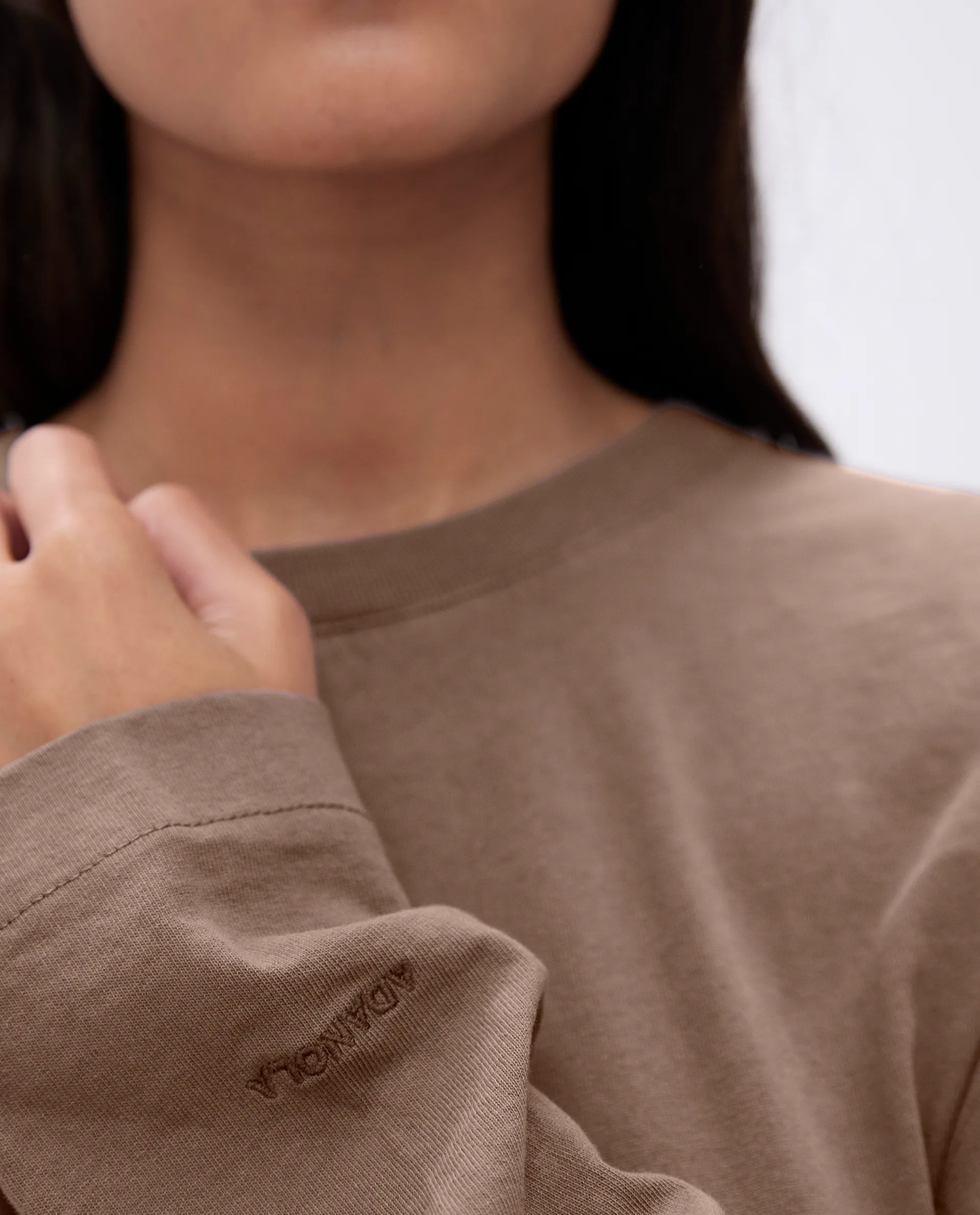 Washed Long Sleeve Drop Shoulder T-shirt - Pebble Brown