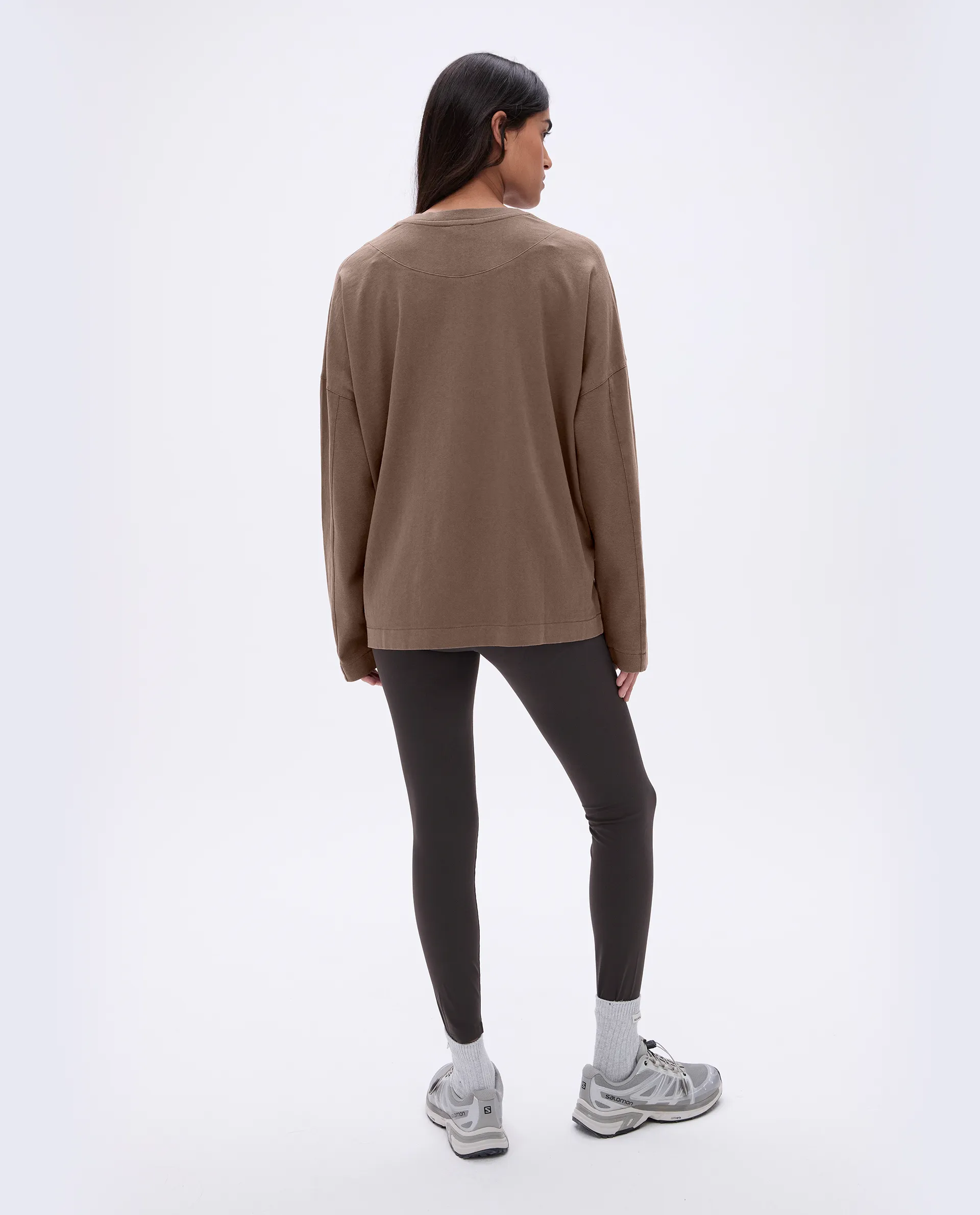 Washed Long Sleeve Drop Shoulder T-shirt - Pebble Brown