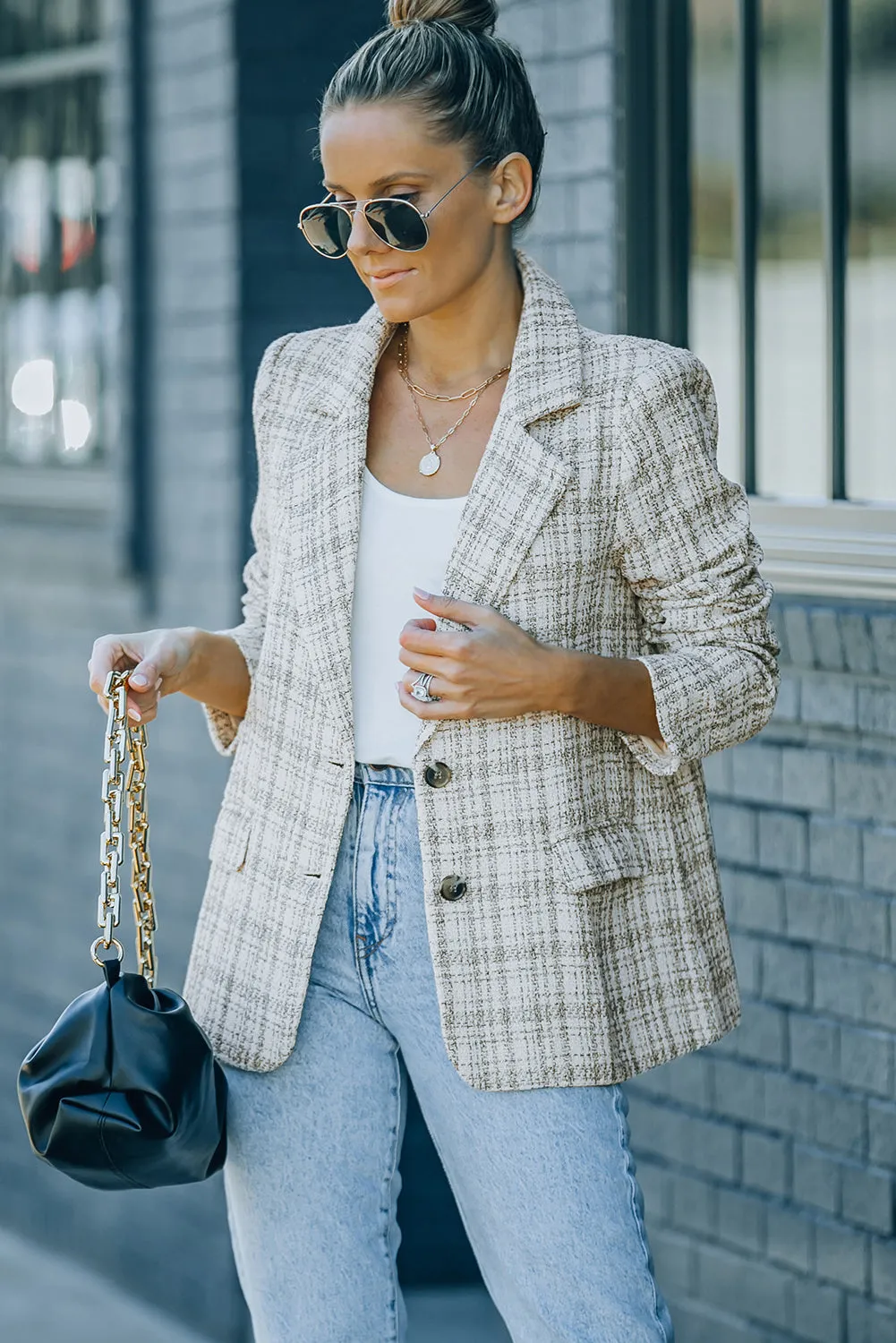 White Pockets Lapel Collar Plaid Blazer