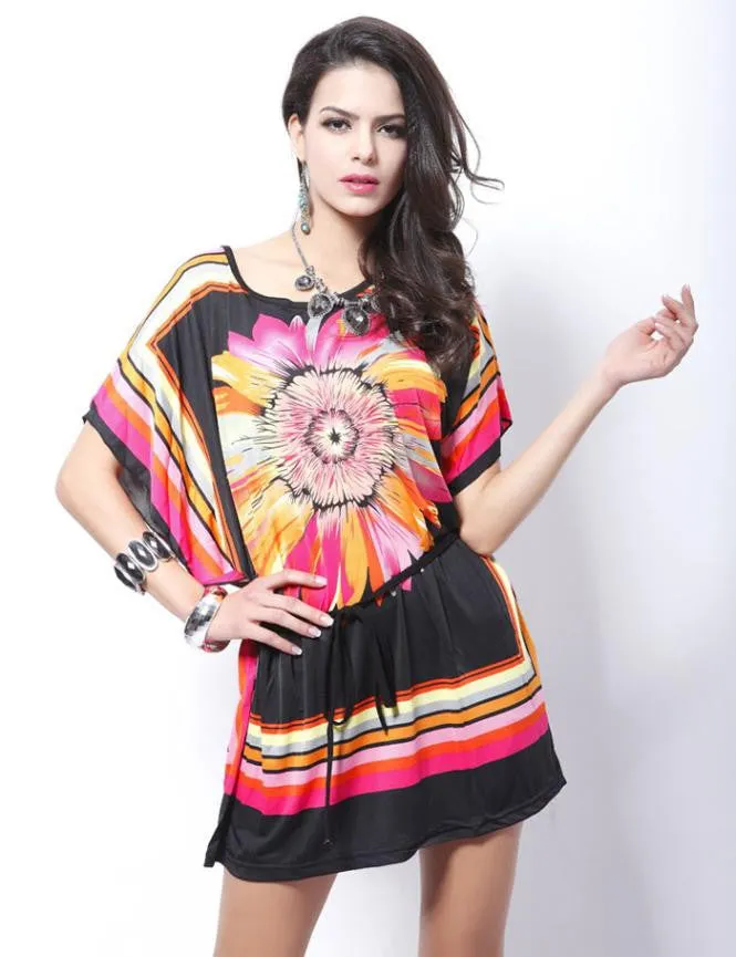 women dresses Loose Ethnic Print Skater Batwing sleeve tunics vintage Sexy bohemian dress plus size summer
