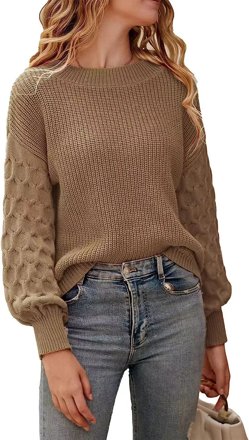 Women's Fashion Lantern Sleeve Knitted Solid Color Top