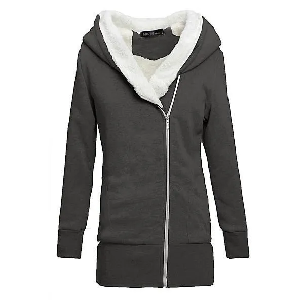 Womens Hoodies Warm Fleece Cotton Coat Zip Up Outerwear Hooded Sweatshirts Casual Long Jacket