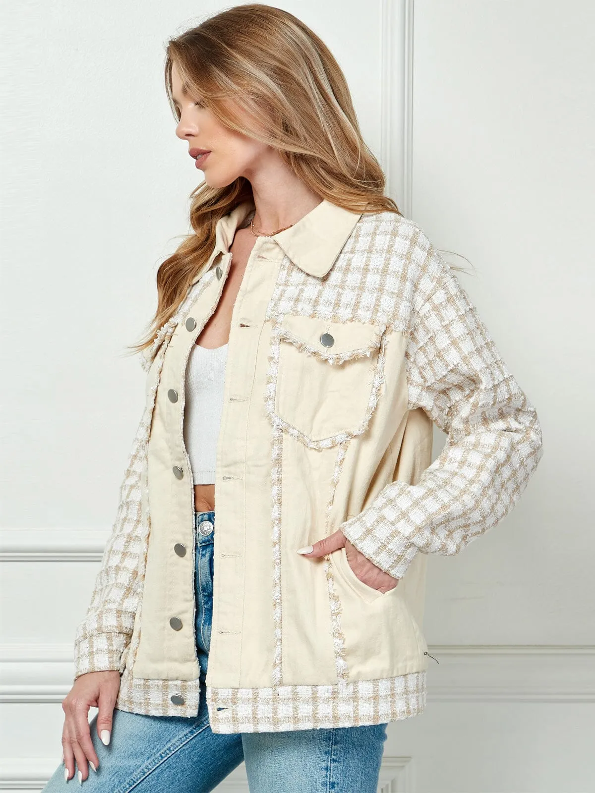 WOMEN'S LONG SLEEVE BUTTON CLOSURE POCKETS CHECKERS JACKET