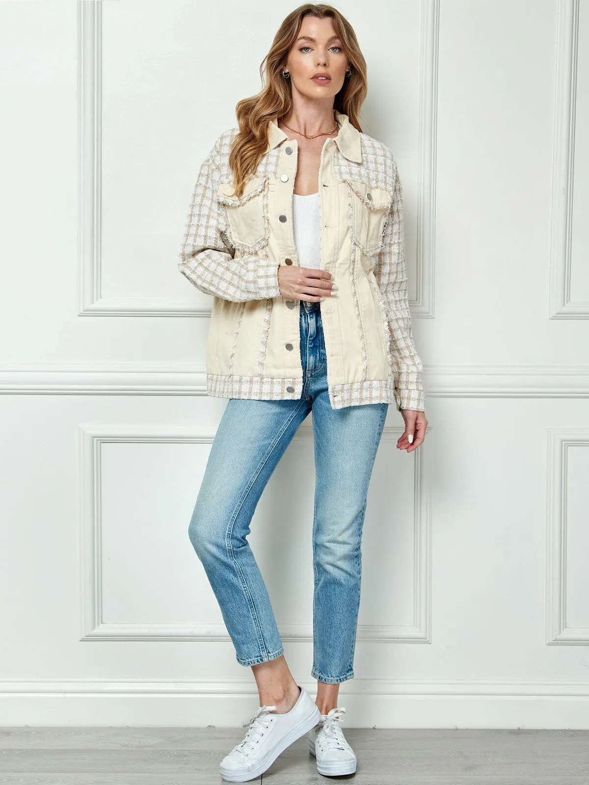 WOMEN'S LONG SLEEVE BUTTON CLOSURE POCKETS CHECKERS JACKET