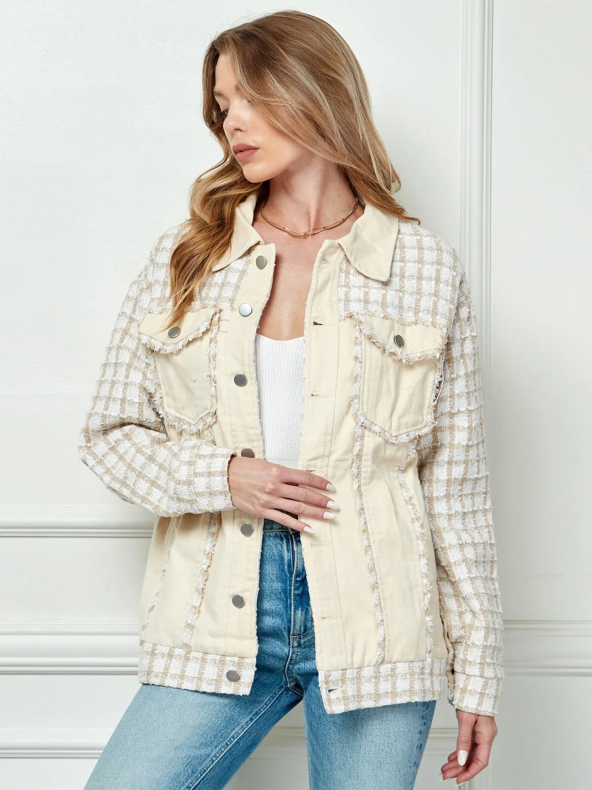 WOMEN'S LONG SLEEVE BUTTON CLOSURE POCKETS CHECKERS JACKET