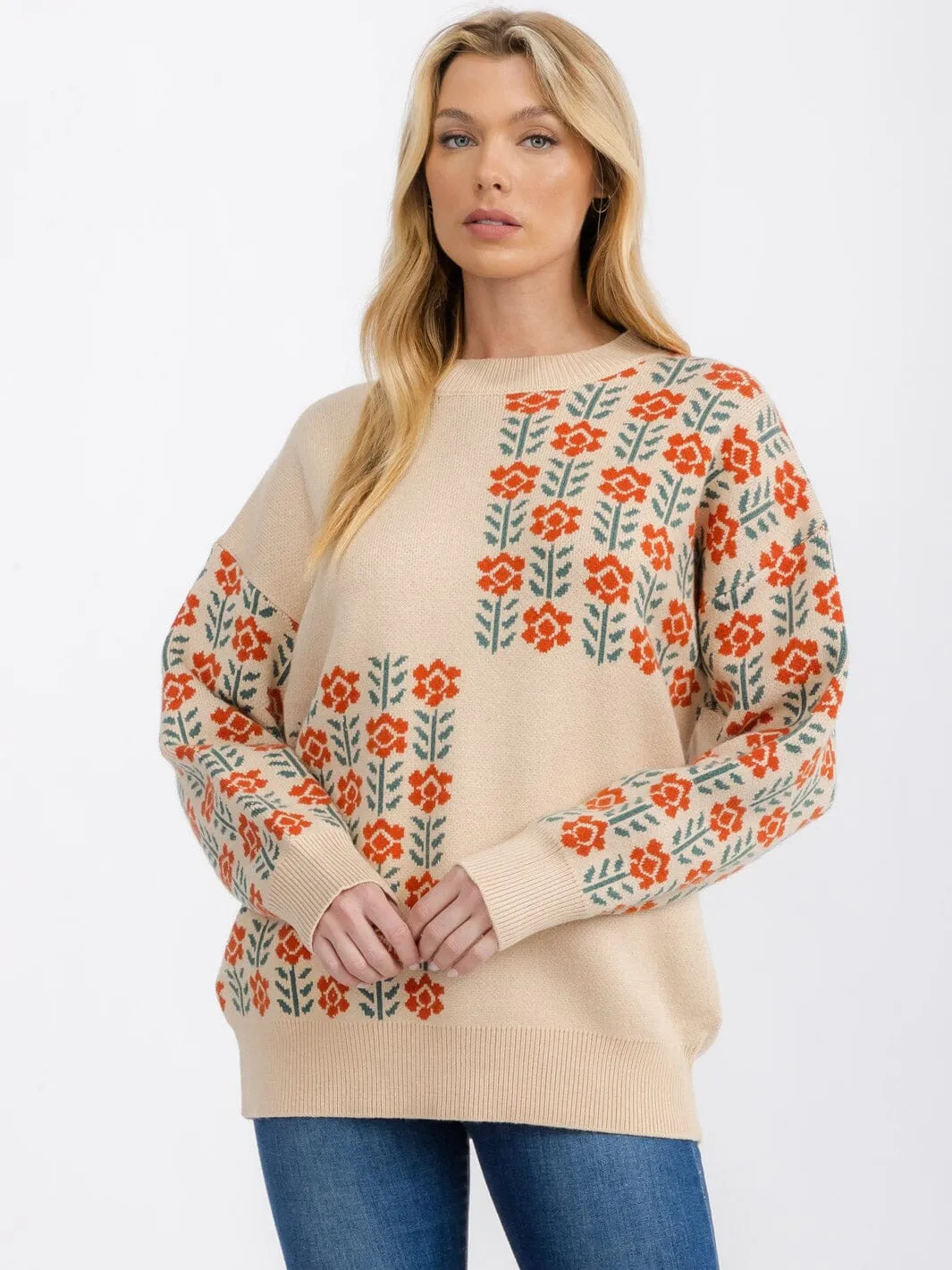 WOMEN'S LONG SLEEVE FLORAL PRINT PULLOVER SWEATER