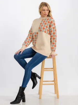 WOMEN'S LONG SLEEVE FLORAL PRINT PULLOVER SWEATER
