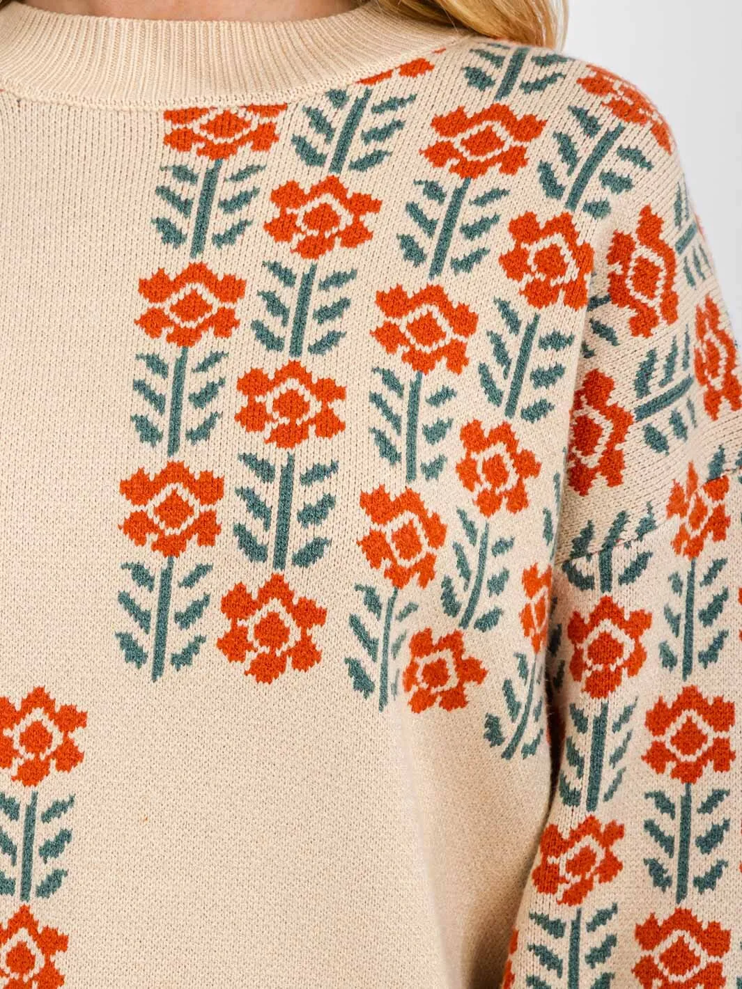 WOMEN'S LONG SLEEVE FLORAL PRINT PULLOVER SWEATER