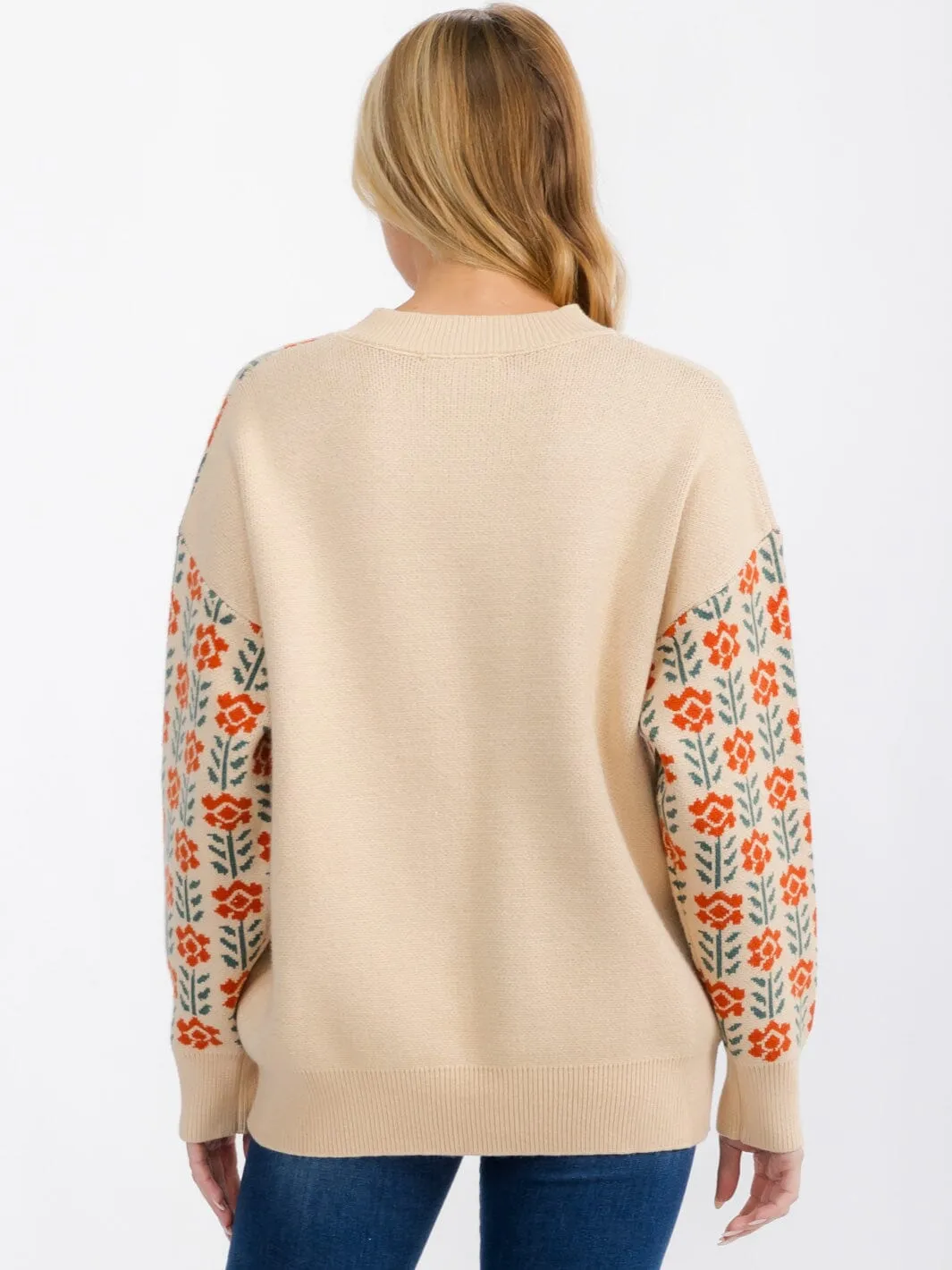 WOMEN'S LONG SLEEVE FLORAL PRINT PULLOVER SWEATER